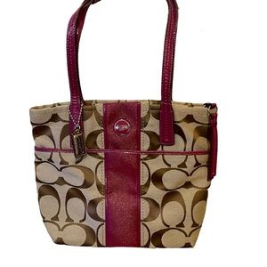 Coach Signature Beige Pink Stripe Carryall Bag. No. G1380-F25771 Full of pocket!